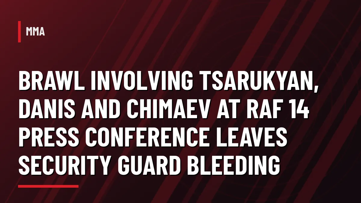POP MMA breaking news graphic: brawl involving Arman Tsarukyan, Dillon Danis and Khamzat Chimaev at the RAF 14 press conference